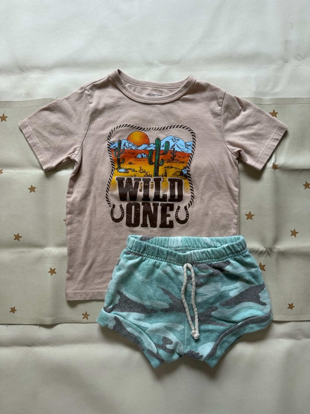 4t Tan Wild One Desert Graphic Tee & Little Wedgies Green Camo Shorties
